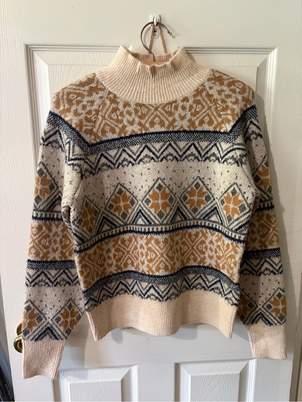 Cozy Fair Isle Turtleneck Sweater in Cream, Tan & Navy - Women's